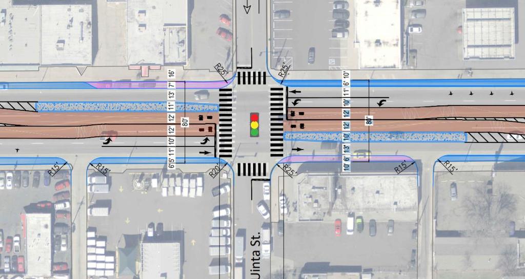 Project Features: Street Design Pedestrian crossings at signalized crossings every 700 or less Left turn lanes at signalized intersections Prioritize curb parking/loading