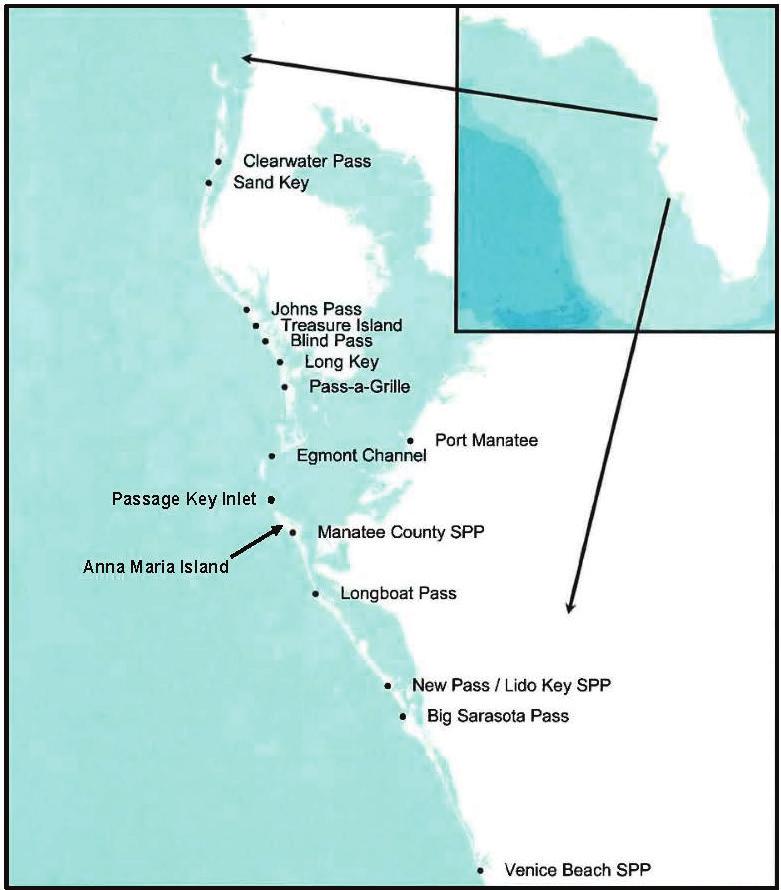 Figure 1. Active USACE Jacksonville District (SAJ) projects in Pinellas, Manatee, and Sarasota Counties, FL. METHOD: The CMS is a product of the Coastal Inlets Research Program (http://cirp.usace.