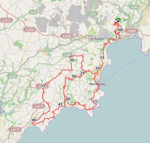 PLEASE TAKE THIS PAGE WITH YOU ON YOUR RIDE Eden Classic Mid Route Details 62 mile Bike Route - EMERGENCY NUMBER 07971 573230 Distance markers START Eden Project 5 miles Carlyon Bay 7.
