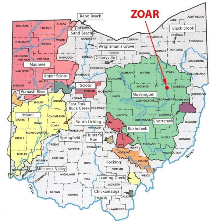 Zoar Levee & Diversion Dam are located in the Muskingum River Basin highlighted in green to left.
