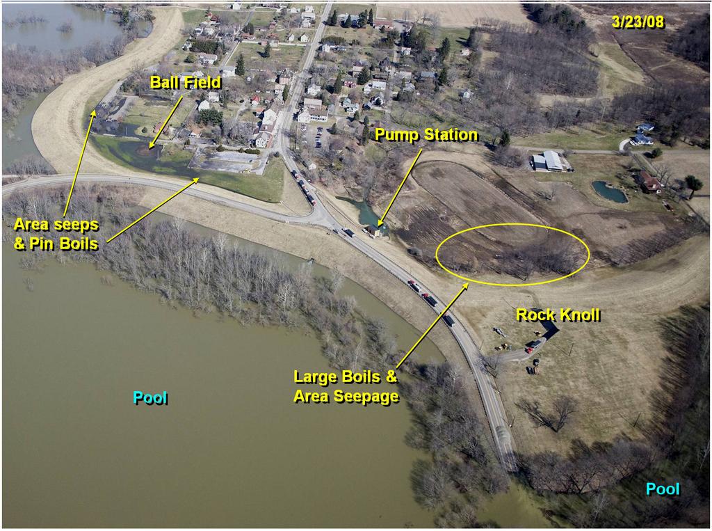 This is an oblique view of Zoar Levee graphically demonstrating the locations of area seepage, pin boils, and large boils on the interior of Zoar Levee in March of 2008.