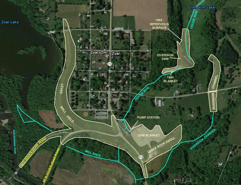 This an aerial photograph of Zoar Levee & Diversion Dam. The levee is generally divided into two reaches.