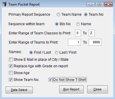 Team Roster To create a team roster with each team printing on a separate page, go to Reports -> Reports -> Team Reports -> Team Packet Report