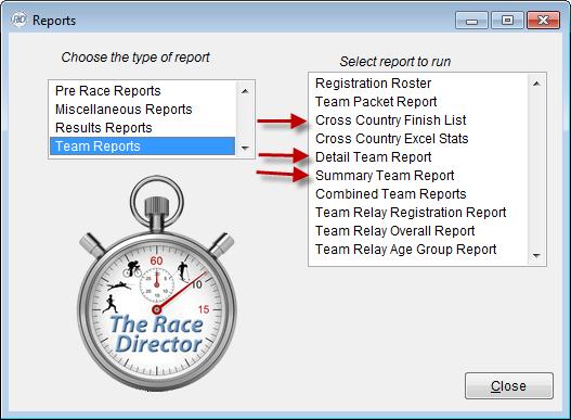 Reporting Once results are entered and confirmed, results reports can be produced. The three most common reports for cross country are highlighted below.