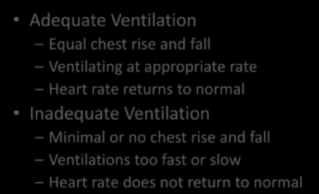 Ongoing Assessment of Ventilation Adequate Ventilation Equal chest rise and fall Ventilating at appropriate rate Heart rate returns