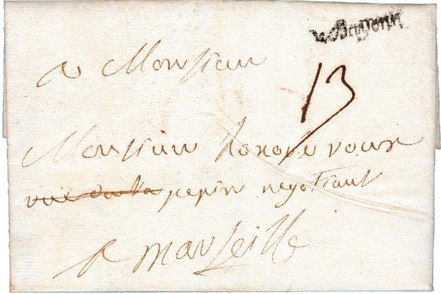 CAPE BRETON ISLAND to FRANCE - 1755 1755 June 14 LOUISBOURG, CAPE BRETON ISLAND, NEW FRANCE to MARSEILLES, FRANCE by ship with a de BAYONNE Handstamp rated 13 sols
