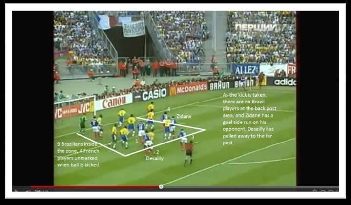 Once the signal is made, the 4 French attackers outside the zone all attack the zone, Zidane going to the front post area of it, Desailly delays his run.