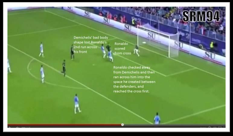 Ronaldo makes 2 runs; the 1 st is to pull away from Demichelis, to open up a small space between the centre backs, the 2 nd run is across Demichelis into the space he has created for himself to
