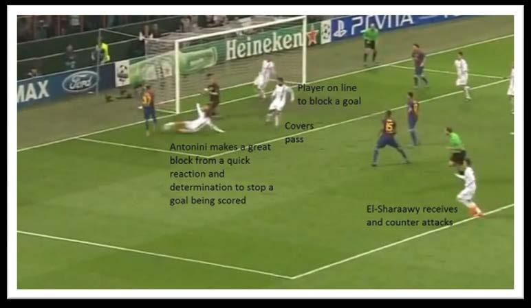 Messi has the tenacity to win the ball back as the Milan player slips, Messi finds a way to shoot, which Abbiati saves.