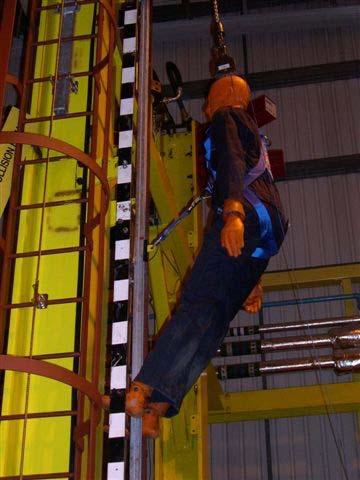 TEST 5: FALL-BACK TEST WITH 100 KG ANTHROPOMETRIC DUMMY Horizontal distance from ladder rung to harness thoral attachment point pre test: 305 mm Vertical