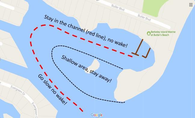 Navigation in and out of the marina: Follow the red line in and out of the marina Stay in the channel, red marker on your left (port)
