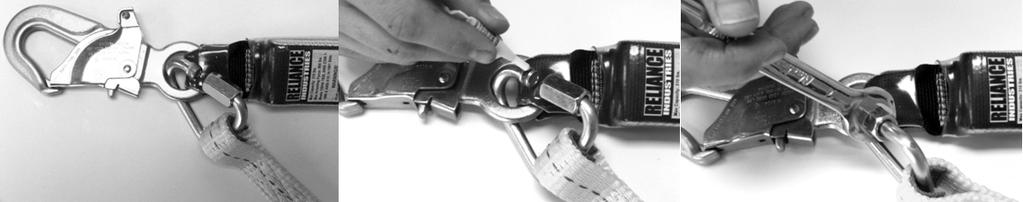 Attachment to the dorsal D-ring is similar; pass the sewn loop through the large opening of the harness D-ring, pass the extender D-ring through the loop, and pull tight.