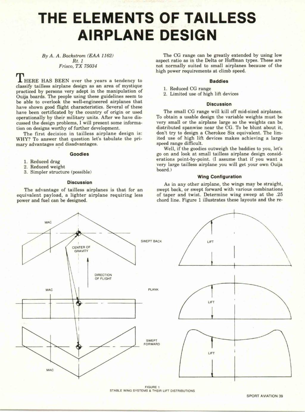 THE ELEMENTS OF TAILLESS AIRPLANE DESIGN By A. A. Backstrom (EAA 1162) Rt.l Frisco, TX 75034 J.