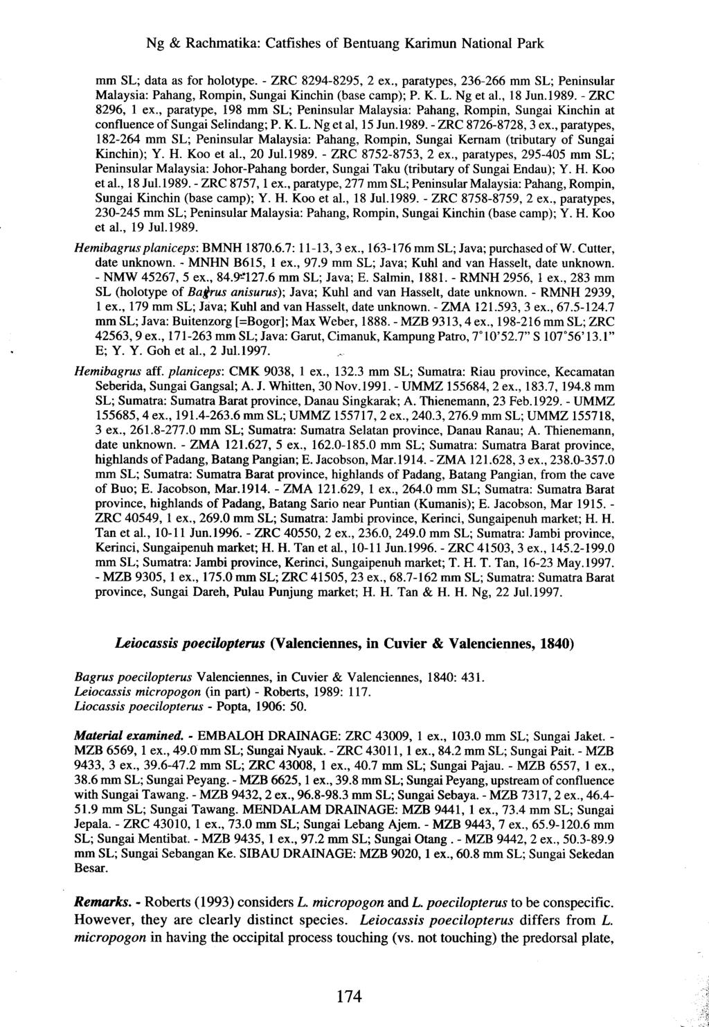 mm SL; data as for holotype. - ZRC 8294-8295, 2 ex., paratypes, 236-266 mm SL; Peninsular Malaysia: Pahang, Rompin, Sungai Kinchin (base camp); P. K. L. Ng et ai., 18 Jun.1989. - ZRC 8296, 1 ex.