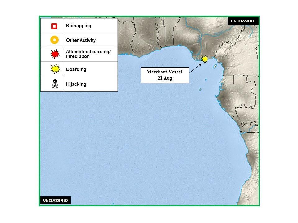 (U) Vessels Boarded: 1. (U) NIGERIA: On 21 August, a vessel was boarded at Onne Port Anchorage, near position 04:40N - 007:09E. Four intruders boarded the vessel with weapons.