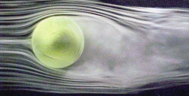 Review of tennis ball aerodynamics Figure 13. Flow visualization on ball with underspin (clockwise rotation at 4 revs/sec, Re 5 167 000) at NASA Ames Research Center.
