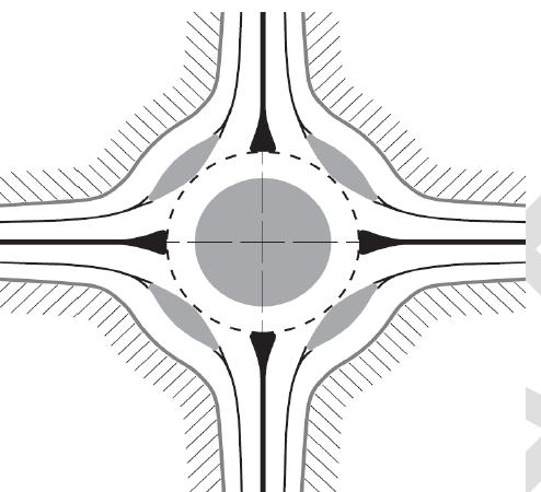 Intersection type Flower roundabout Comments Features a divided left-turn lane to eliminate weaving conflicts within the roundabout.