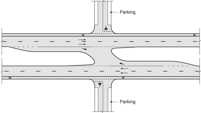 Figure 2.12: Urban intersection between a divided road and a minor road Notes: Depending on the available space it may not be practicable to provide bicycle lanes.