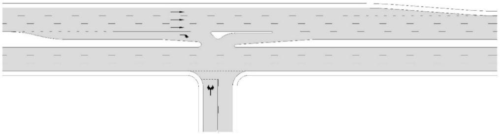 Figure 2.20: Seagull treatment (alternate) Note: Diagram illustrates principles, not detailed design. Arrows indicate movements relevant to turn type; they do not represent actual pavement markings.