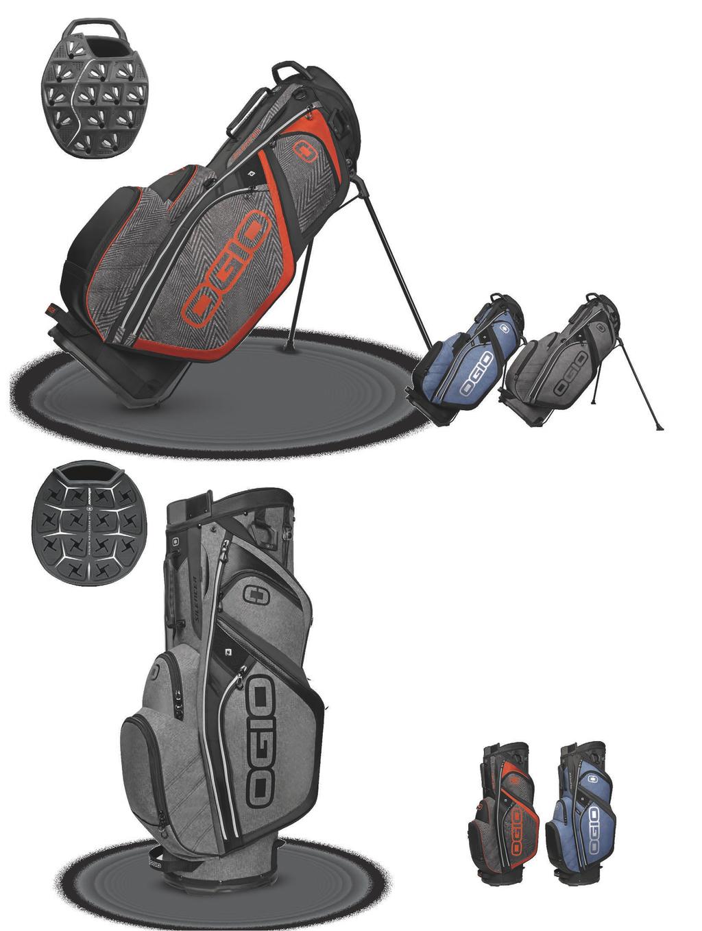 DOUBLE STRAP [STAND] SILENCER ST YLE:125050 single strap compatible Click, grip, lock and hold. Secure and protect your clubs with the innovative Silencer Club Protection System stand bag. 9.