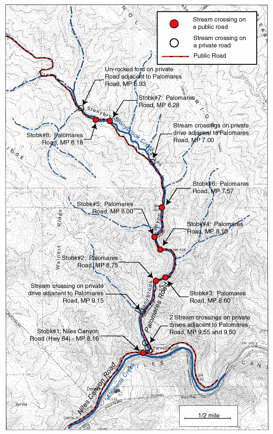Figure 1 Site map of stream crossings identified on