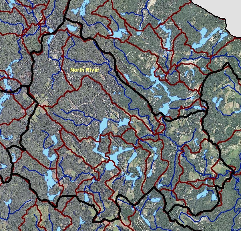 8 Figure 3: Map of catchments (red) in the North River subwatershed. Stream sampling techniques were based on those described in Barbour et al (1999).
