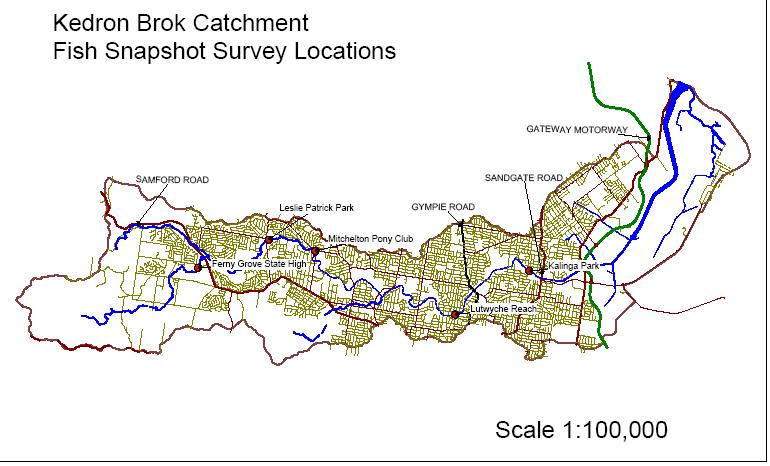 Kedron Brook Catchment Fish Snapshot Survey Locations Grinstead Park Since 2002, Fish Snapshot surveys have been conducted at 6 different sites (Ferny Grove State High, Leslie Patrick Park,