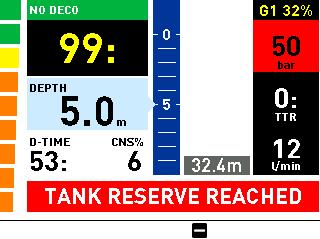 When during a decompression dive Icon HD calculates a TTR which is inferior to the total ascent time, it triggers a LOW TANK PRESSURE alarm.
