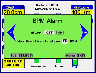 Max Breath Rate Alarm The max rate alarm will be activated if the patients breath rate exceeds the set level.