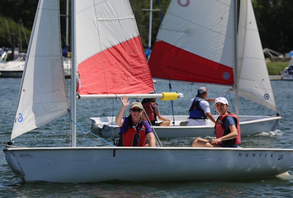 It builds confidence while reinforcing basic skills through hands-on sailing drills and chalk-talks. Students sail two to a boat in Hunter 140s.