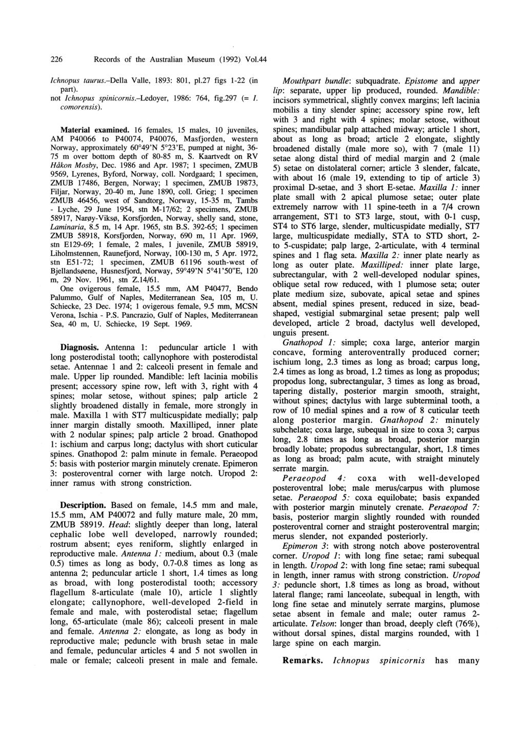 226 Records of the Australian Museum (1992) Vol.44 Ichnopus taurus.-della Valle, 1893: 801, pl.27 figs 1-22 (in part). not Ichnopus spinicornis.-ledoyer, 1986: 764, fig.297 (= I. comorensis).