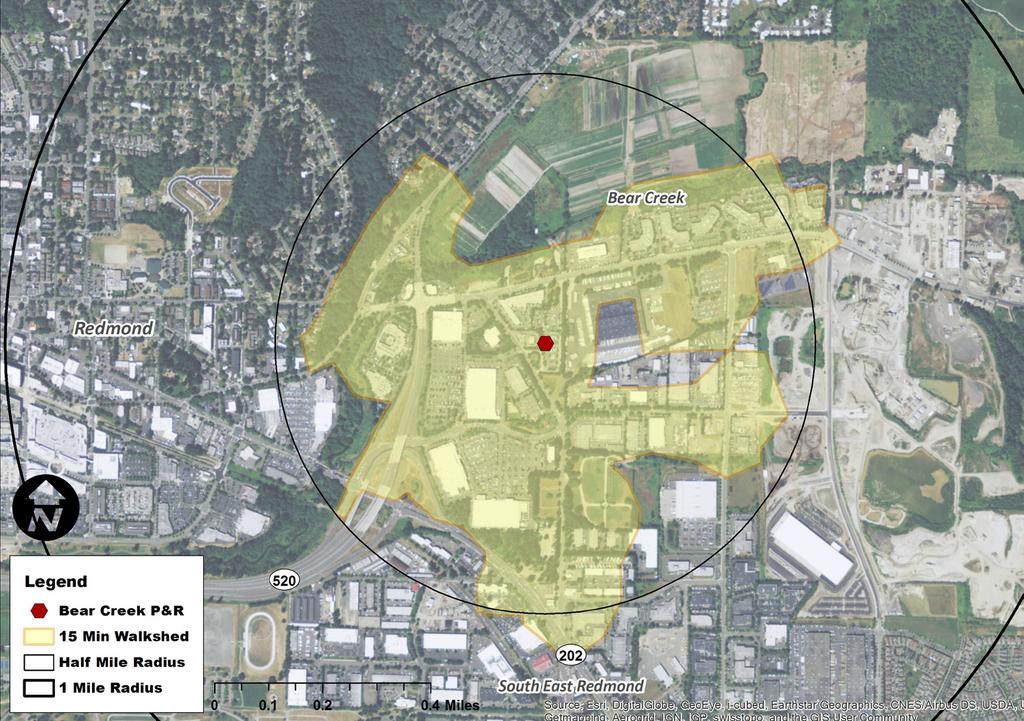 Figure 10 shows a 15-minute walkshed from the Bear Creek Park and Ride.