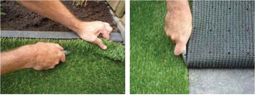 When joining several pieces/rolls of artificial turf next to each other, make sure both sides are cut close to the fibre