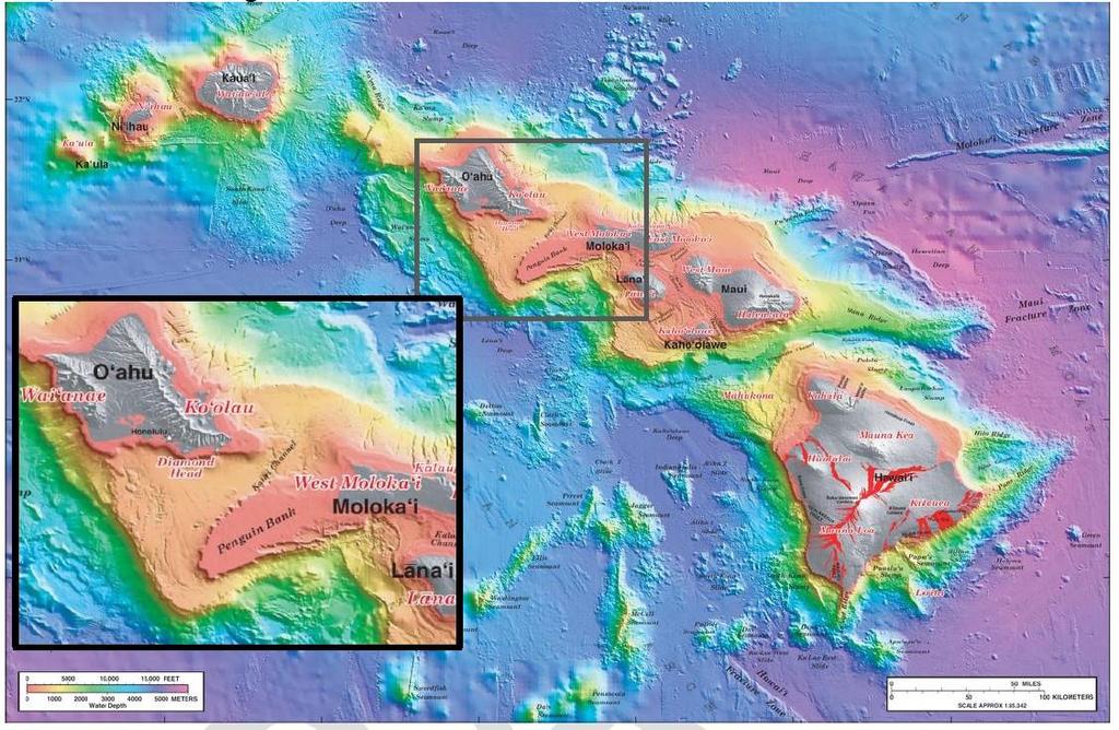Figure 3. Bathymetric map of the Hawaiian Islands and (inset) Penguin Banks fishing grounds (USGS). Commercial catches vary from year to year (Figure 2).