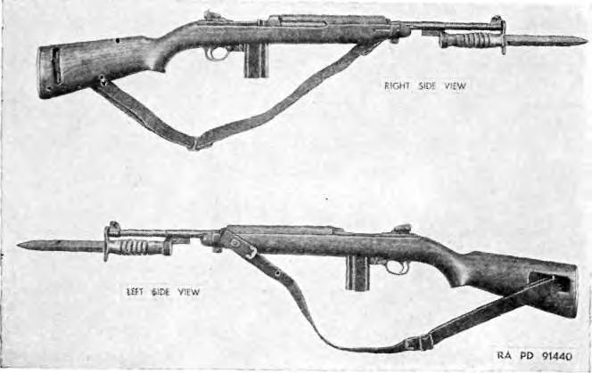 A separate grip is attached to the stock of the carbine M1A1 and a metal skeleton folding stock extension is
