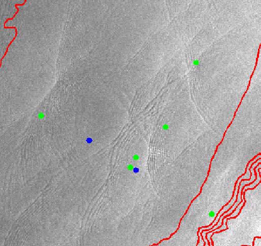 ERS satellite image (15:36 23 July 2006) with depth contours and mooring positions.