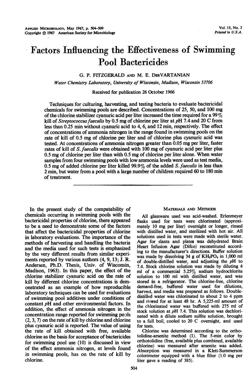 AppuED MICROBIOLOGY, May 1967, p. 54-59 Vol. 15, No. 3 Copyright 1967 American Society for Microbiology Printed In U.S.A. Factors Influencing the Effectiveness of Simming Pool Bactericides G. P. FITZGERALD AND M.