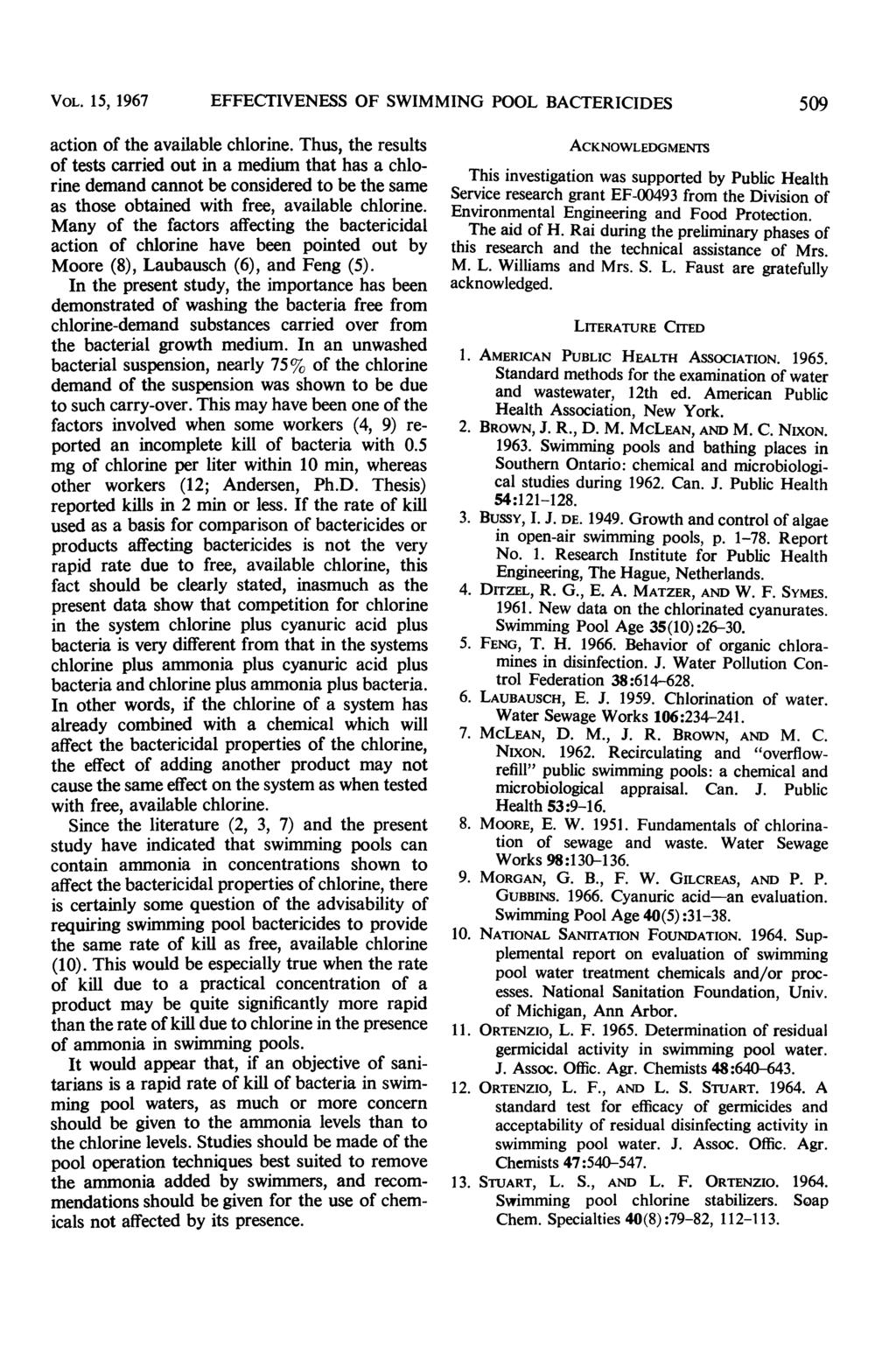 VOL. 15, 1967 EFFECTIVENESS OF SWIMMING POOL BACTERICIDES 59 action of the available chlorine.