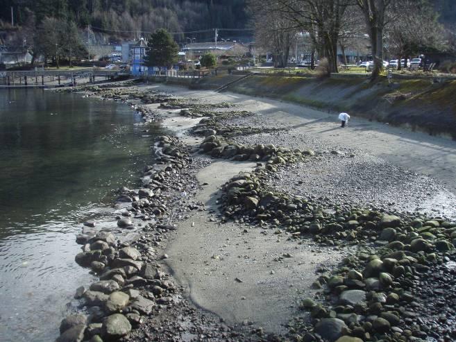 The low profile shoreline was composed of small riprap and cobble that provided little resistance to wave activity, and became jammed with logs and debris.
