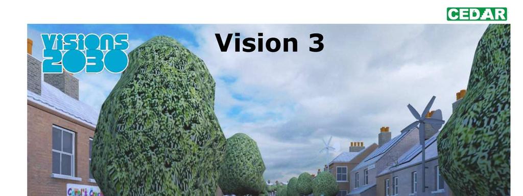 Vision 3 has similar car use to Vision 2 but instead of high public transport dominated by walking, cycling & alternative electric vehicles