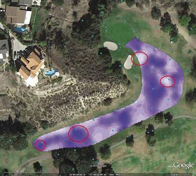 FEATURES Precision Turfgrass Management by Aaron Johnsen Emerging technology improves efficiency Image 4: A soil moisture map of a fairway with problem irrigation heads circled. Image courtesy of Dr.