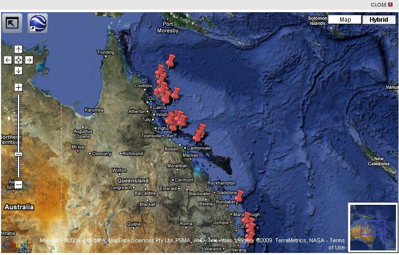 Figure2: Map of Queensland showing the location of Reef Check Australia reef survey sites (from RCA database).