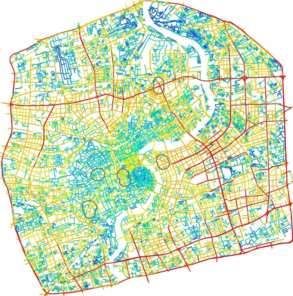 Figure 4 Radius n integration map of Shanghai within the outer ring streets By correlating the calculated choice value and integration value with actual vehicular flow, it could be found that there