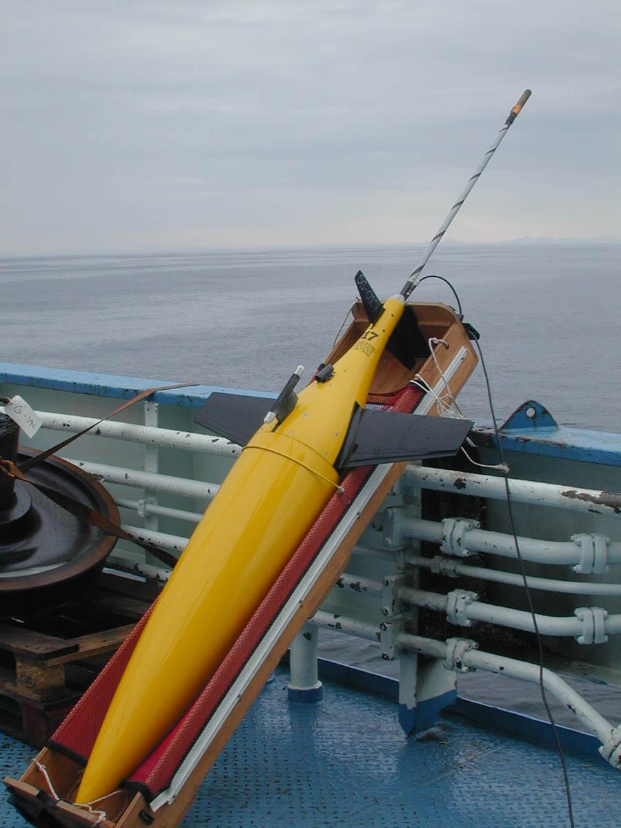 Seaglider photos. The Iridium/GPS antenna sits at the end of the long tail. Sensors are carried in the two narrow, cylindrical housings in the top aft region of the glider. 2.