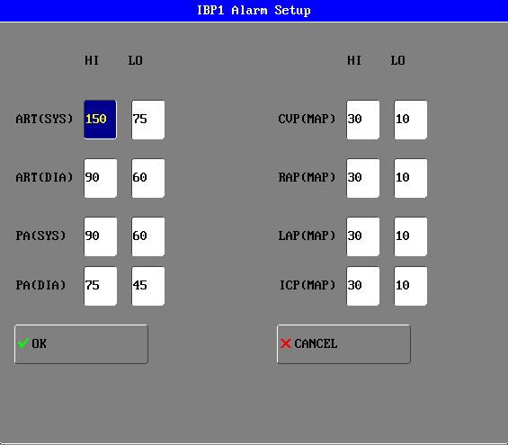 ALARM SWITCH Click the alarm switch item to pop up the IBP1 or IBP2 alarm setup menu as following: The alarm setup range for high or low is from 0 to 300mmHg for ART label.