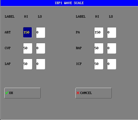 Figure 25: Window for IBP1 or IBP2 Wave Scale The waveform and corresponding scale values will be displayed in the IBP waveform area.