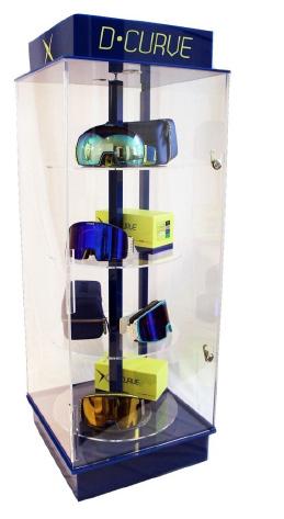 Features one hinged, swing-open, locking door with key Holds 16+ sunglasses and/or goggles Lights up to showcase product