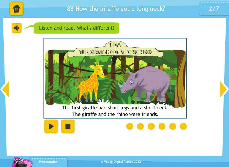 Screen 2 How the giraffe got a long neck The first giraffe had short legs and a short neck. The giraffe and the rhino were friends. One year, it didn t rain, and the ground and the rivers were dry.