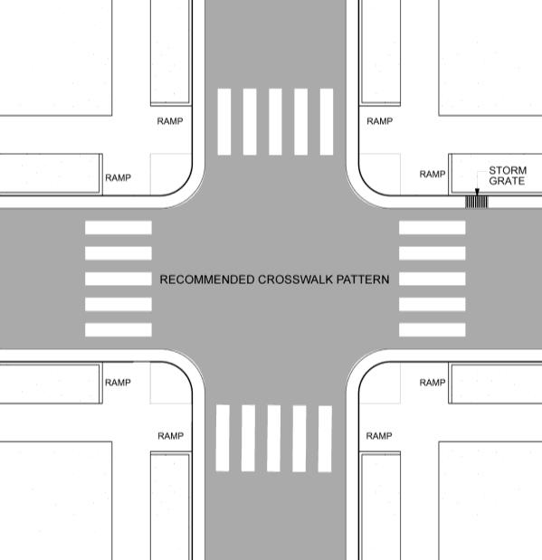 Typically, this will require two sidewalk ramps on each street corner, as shown in Figure 8. This design positions pedestrians in the proper alignment for crossing the street.