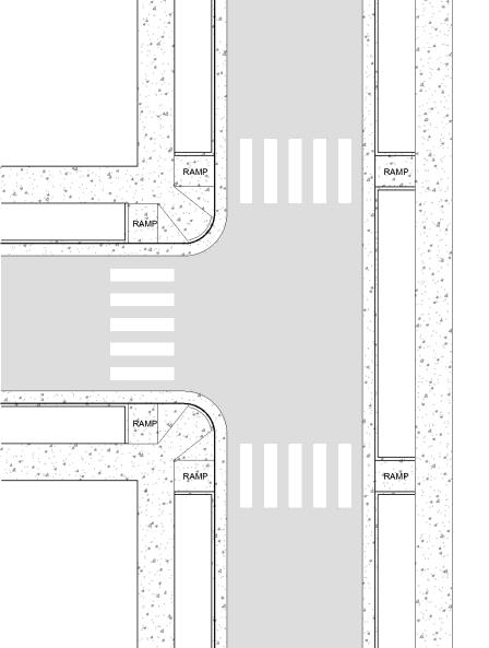 There may be some instances, particularly at existing intersections, where inlets, utility poles, and other constraints may interfere with the two-ramp configuration.